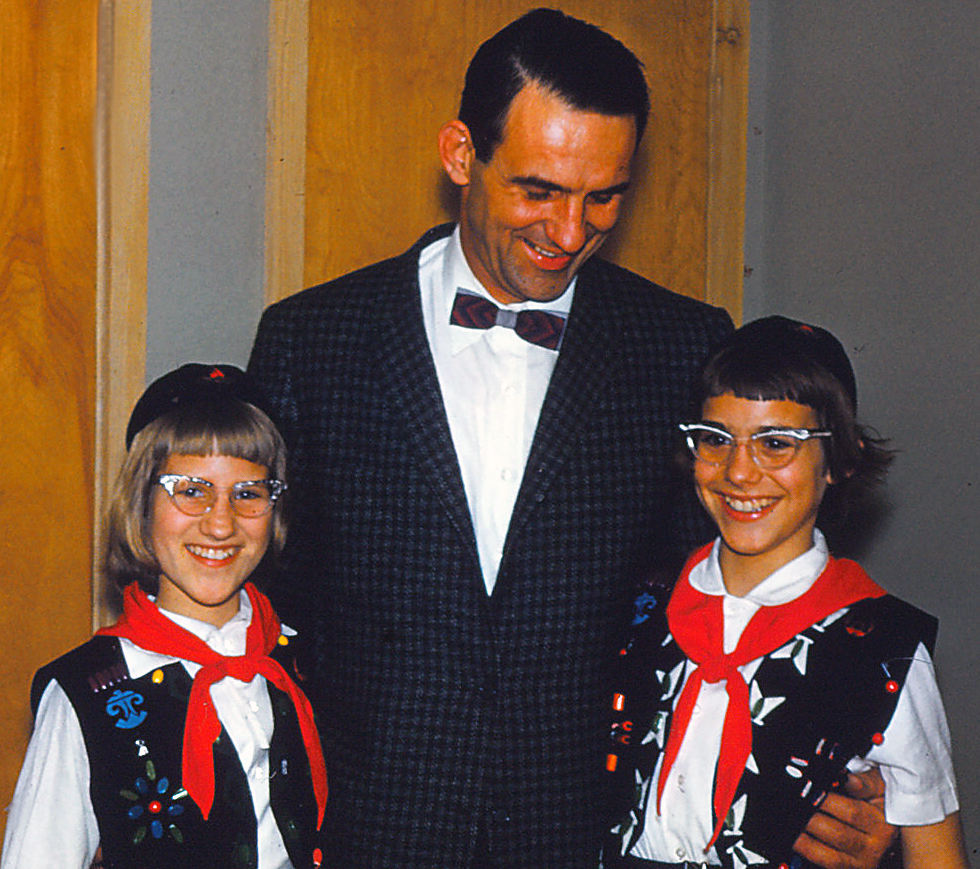 Photo of Dad with Linda and Leslie in Camp Fire Girl uniforms